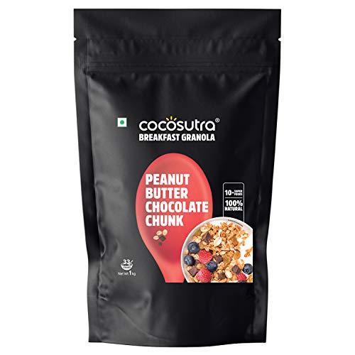 COCOSUTRA Peanut Butter Chocolate Chunk Breakfast Granola 1 kg | 100% Natural, Vegan & Gluten Free | High Protein Cereal with Oats, Nuts, Seeds and Dr