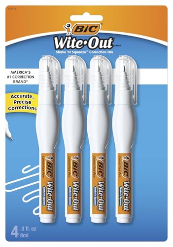 BIC Wite-Out Brand Shake 'n Squeeze Correction Pen, 8 ML Correction Fluid, 4-Count Pack of white Correction Pens, Fast, Clean and Easy to Use Pen Office or School Supplies