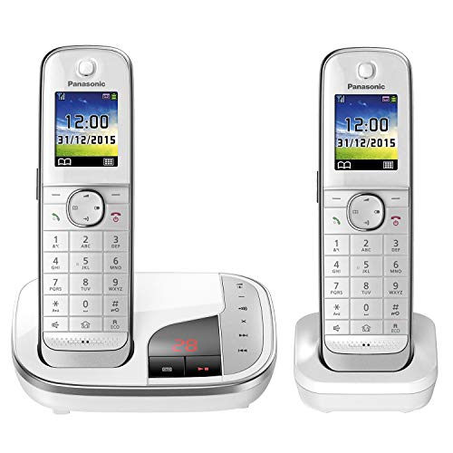 Panasonic KX-TGJ322GW Familien-Telefon mit Anrufbeantworter (schnurloses Telefon Duo, strahlungsarm, Anrufschutz, DECT Basistation) Schwarz/Weiss