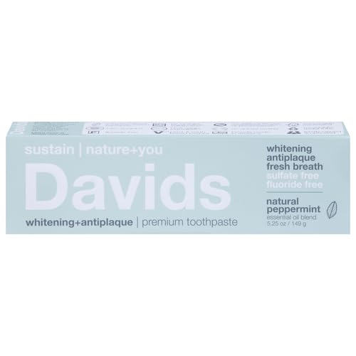 Davids Fluoride Free Toothpaste, Teeth Whitening, Antiplaque, SLS (Sulfate) Free, Promotes Enamel Health, Mouth & Gum Detox, EWG Verified, Peppermint, 5.25oz