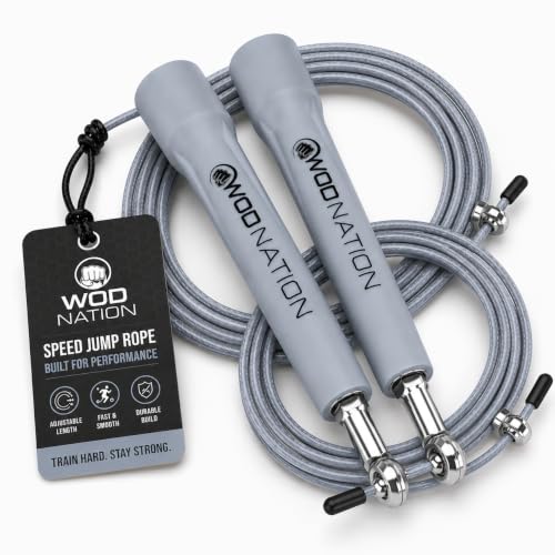 WOD Nation Corda de pular de velocidade ajustável para homens, mulheres e crianças - Corda de pular de fitness extremamente rápida, perfeita para boxe, MMA, resistência, cinza