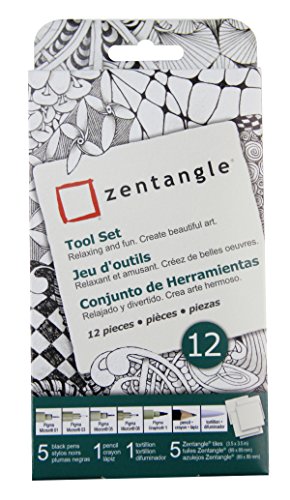 Sakura Zentangle Tool Set - 5 Black Micron Pens, 1 Black Graphite Pencil, 1 Tortillion, 5 3.5" White Paper Tiles - White Zentangle Tiles - 12 Piece Set