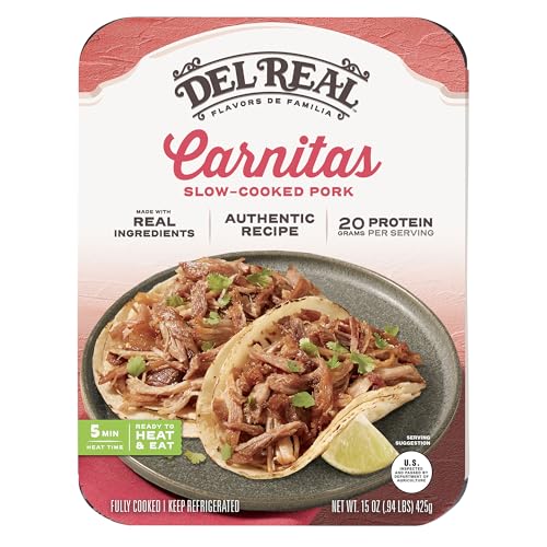 Del Real Foods Carnitas, Shredded Pork Entrée | Fully Cooked, Heat & Serve, Microwaves in Minutes | For Tacos, Bowls & Family Meals | Keep Refrigerated, 15 oz Pack