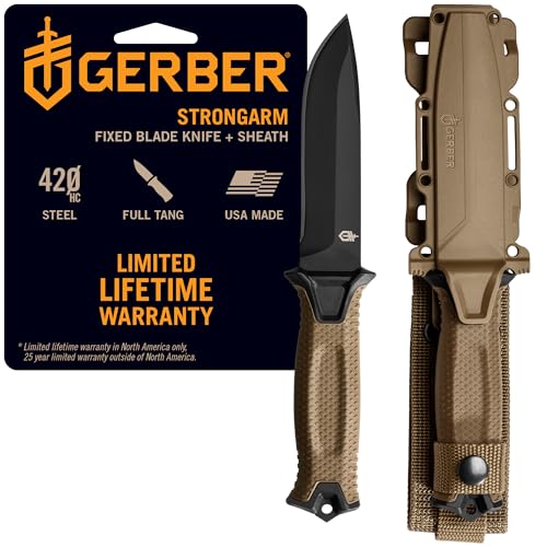 Gerber Gear StrongArm Knife - Fixed Blade - Tactical Knife for Survival Gear - Full Tang, 420HC Steel Blade - Camping Survival Knife - Made in USA - Plain edge, Coyote Brown