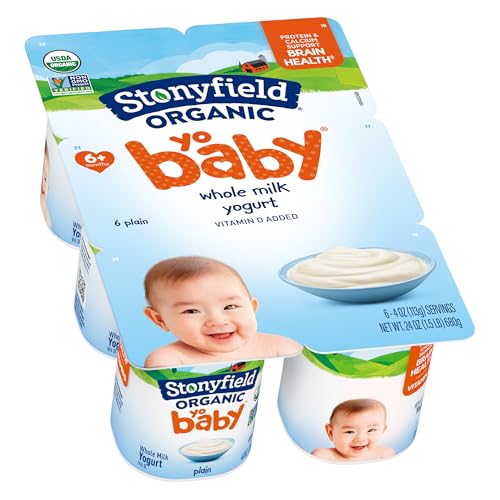 Stonyfield Organic YoBaby Whole Milk Baby Yogurt Cups with Probiotics, Plain, 4 Oz, 6 Pack