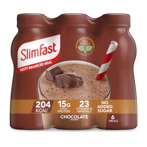 SlimFast • Chocolate Meal Replacement Shake • 204 Cals • 15g Protein • 23 Vitamins + Minerals • No Added Sugar • Ready to Drink • 4.9g of Fibre • Rich & Indulgent Chocolate Flavour • 6 x 325 ml