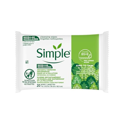 Simple Kind to Skin Cleansing Wipes Micellar Gentle and Effective Makeup Remover Free from color and dye, artificial perfume and harsh chemicals 25 Wipes