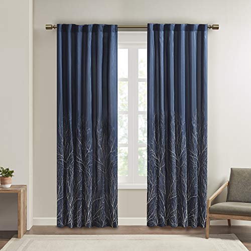 Madison Park Embroidered Back Tab Fabric Window Living Room, Transitional Rod Pocket Light Curtain for Bedroom, 1-Panel Pack, Polyester, Navy, 50 x 84 Inches