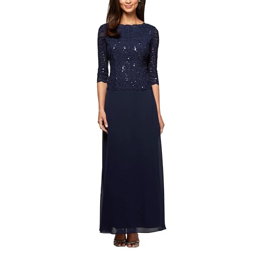 Alex Evenings Women's 3/4 Sleeve Stretch Lace Bodice One Piece Mother of The Bride Dress (Petite and Regular Sizes), Navy, 18