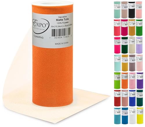 Expo International Decorative Matte Tulle, Lightweight Polyester Tulle Fabric for Tutus, Costumes, and Party Decorations, Washable, Easy-to-Use, 6 Inch x 25 Yards, Orange, Pack of 1