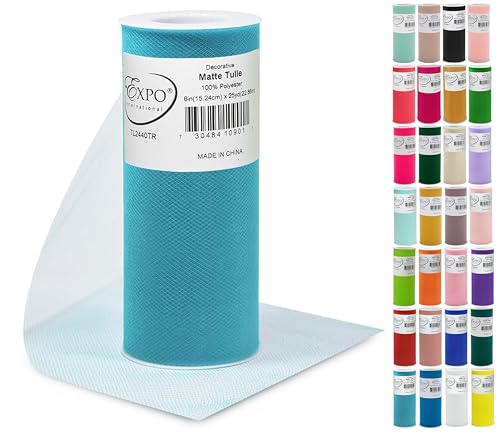 Expo International Decorative Matte Tulle, Lightweight Polyester Tulle Fabric for Tutus, Costumes, and Party Decorations, Washable, Easy-to-Use, 6 Inch x 25 Yards, Turquoise, Pack of 1