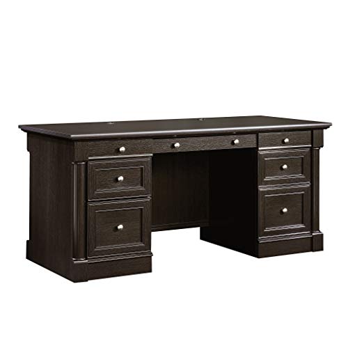 Sauder Palladia Office Desk with Drawers, Executive Desk with File Cabinet Storage, Cable Management, Keyboard Tray, in Wind Oak Finish