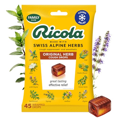 Ricola Original Herb Cough Drops, 45 Count, Cough Suppressant & Throat Relieving Drops with Naturally Sourced Menthol, Pleasing Herbal Taste for Coughs & Throat Irritation Symptom Relief