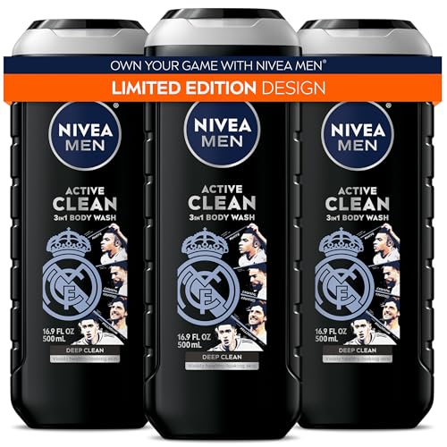 NIVEA Men Active Clean Body Wash with Natural Charcoal for Normal to Oily Skin, 3-in-1 Charcoal Body Wash, Face and Hair, Draws Out Dirt and Impurities, 16.9 Fl Oz Bottle, Pack of 3