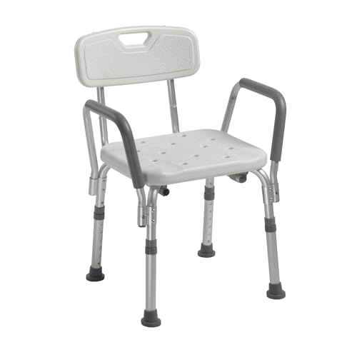 Drive Medical 12445KD-1 Shower Chair with Back and Padded Arms, Adjustable Height Bath Stool with Nonslip Feet, Tub Chair for Elderly, Bath Seat with Back, 350 LB Weight Cap, White