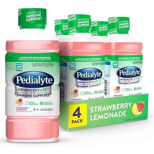 Pedialyte AdvancedCare Electrolyte Solution Has PreActivPrebiotics | Hydration Drink | Strawberry Lemonade, 1 Liter, Pack of 4