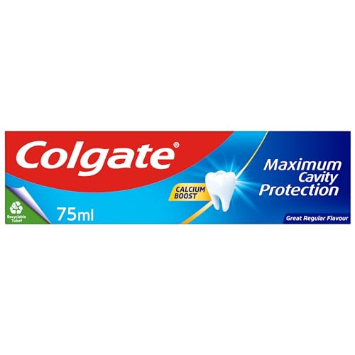 Colgate Maximum Cavity Protection Toothpaste 75ml, with Calcium Boost, Strengthens and Protects Enamel, Protects Against Cavities, Fluoride Toothpaste, Great Regular Flavour
