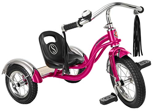 Schwinn Roadster Bike for Toddler, Kids Classic Tricycle, Low Positioned Steel Trike Frame w/ Bell & Handlebar Tassels, Rear Deck Made of Genuine Wood, Boys and Girls Ages 2-4 Year Old, Bright Pink