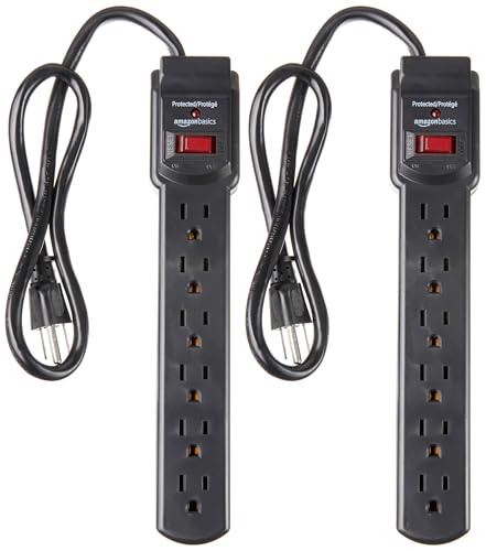 Amazon Basics Surge Protector Power Strip, 6-Outlet with 200J Protection, 2ft Extension Cord, Rectangle, Black (2 Pack)
