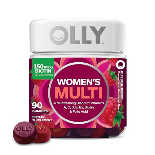 OLLY Women's Multivitamin Gummy, Vitamins A, D, C, E, Biotin, Folic Acid, Adult Chewable Vitamin, Berry Flavor, 45 Day Supply - 90 Count