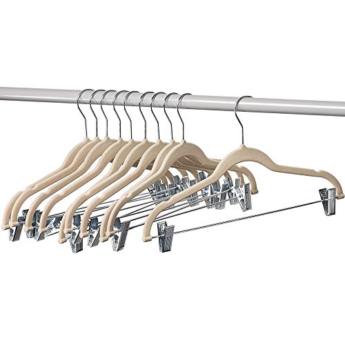 Home-it 10 Pack Velvet Hangers with Clips - Ivory Pants &amp; Skirt Hangers - Ultra Thin No Slip Space-Saving for Pants,