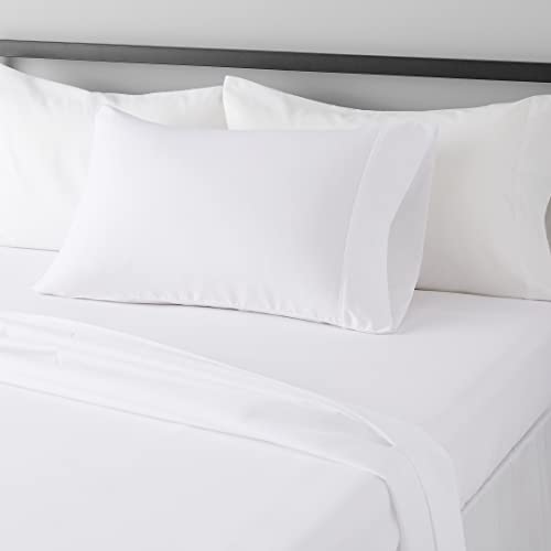 Amazon Basics Lightweight Super Soft Easy Care Wrinkle Free Microfiber 3 Piece Bed Sheet Set with 14-Inch Deep Pockets, Twin, Bright White, Solid, Kids, Men & Women Bedding