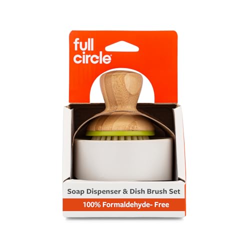 Full Circle Bubble Up Bamboo Dish Brush & Ceramic Soap Dispenser-Family Safe, Formaldehyde-Free-Kitchen Scrub Brush for Dishes, Nonstick & Cast Iron,Gray