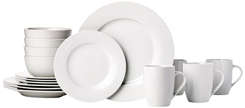 Amazon Basics 16-Piece Porcelain Kitchen Dinnerware Set with Plates, Bowls and Mugs, Service for 4 - WhiteAmazon Basics