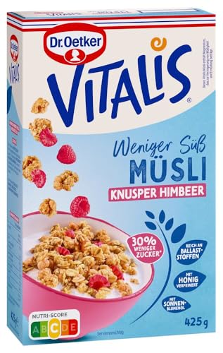 🔥 STARKER PREIS (-30%) Dr. Oetker Vitalis Weniger Süß Knusper Himbeere: Knuspermüsli mit leckeren Himbeeren, 1er Packung, 425g