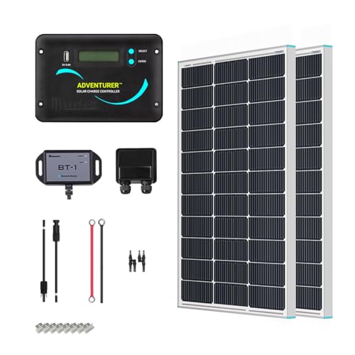 Renogy 200 Watts 12 Volts Monocrystalline RV Solar Panel Kit with Adventurer 30A LCD PWM Charge Controller and Mounting Brackets for RV, Boats, Trailer, Camper, Marine, Off-Grid Solar Power System