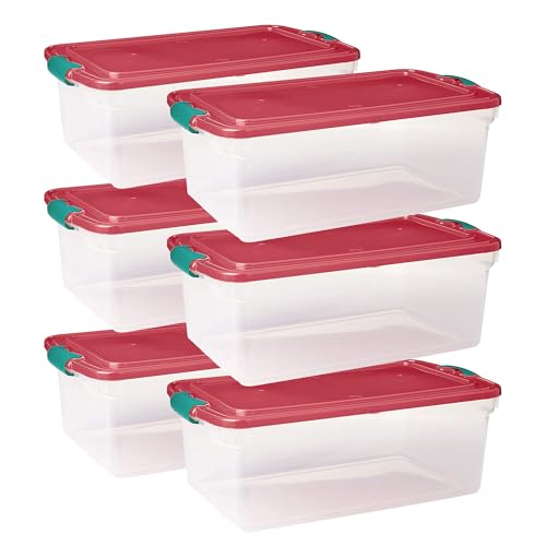 HOMZ 6-Pack Holiday Tote, Plastic Storage Organizer Bins with Lids, 64 Quart, Clear/Red - Stackable Organizing Container