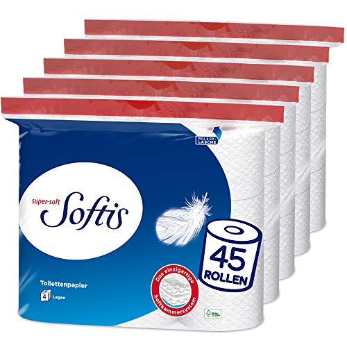 🔥 STARKER PREIS (-28%) Softis 4-lagiges Toilettenpapier | 45 Rollen-Packung (5 x 9 Einzelpackungen) | 100 Blatt pro Rolle | Einzigartiges Softkammer-System | Recyclebare Verpackung | FSC-zertifiziertes Papier