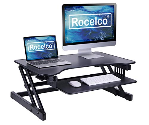 Rocelco 32" Height Adjustable Standing Desk Converter - Slide Out Retractable Keyboard Tray - Sit Stand Up Double M