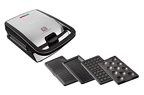 (-33%) Tefal Snack Collection 4-er Set SW854D, Kombigerät, Inklusive 4 antihaftbeschichter Plattensets, Spülmaschinengeeignet, Panini, Waffeln, Sandwich, süße Küchlein, 700W,Schwarz/Edelstahl