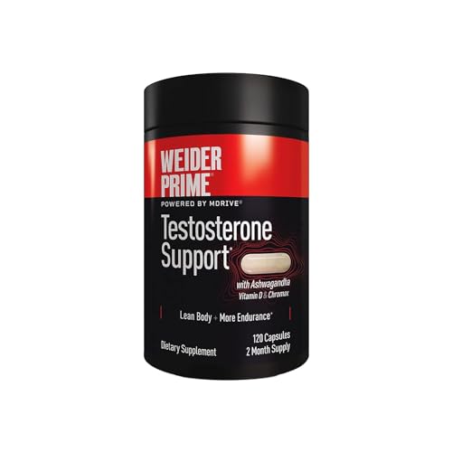 Weider Prime Testosterone Support - Men's Nutrition - Enriched with Vitamins & Minerals - with Ashwagandha, Chromax Chromium, Bioperine & Zinc - Gluten Free - 120 Capsules
