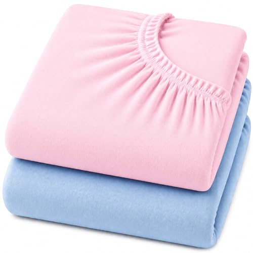 Dudu N Girlie Travel Cot Jersey Cotton Sheets , 95x65cm - T-Shirt Soft 4-Way Stretch, Snug Fit Breathable Mattress Cover - Blue & Pink