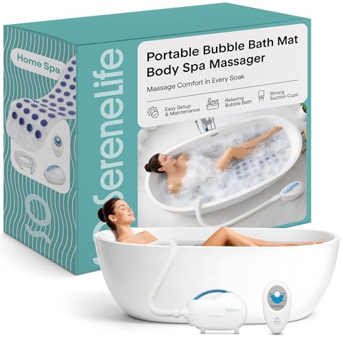 SereneLife Bubble Bath Mat, Non-Slip Bathtub Mat with Remote Control, Waterproof, Cushioned Design, Adjustable Bubbles, 8.2’ Air Hose and 47” x 14.2” Mold-Resistant Full Body Spa Massager