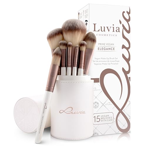 (-33%) Make-up Pinsel Set 16-teilig | 15 vegane Profi Schminkpinsel als Kosmetik Set für Foundation, Puder, Rouge, Bronzer & Lidschatten | inkl. Kunstleder Etui | Prime Vegan Original | Perlmutt | Luvia