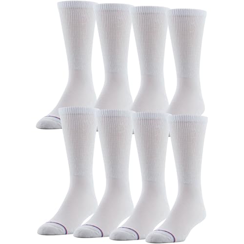 MediPeds Mens 8 Pack Diabetic Crew Socks, White, Shoe Size: Men 6-9/Women 7-10