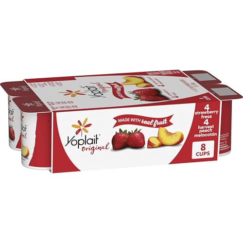Yoplait Original Low Fat Yogurt Variety Pack, Strawberry and Harvest Peach, Made with Real Fruit, 8 Yogurt Cups, 48 oz
