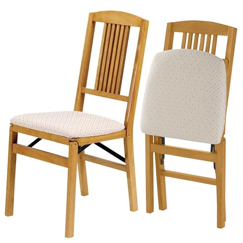 MECO Stakmore Simple Mission Wooden Folding Chairs with Padded Seats, Set of 2 - No Assembly Foldable Dining Chairs, Steel Folding Mechanism