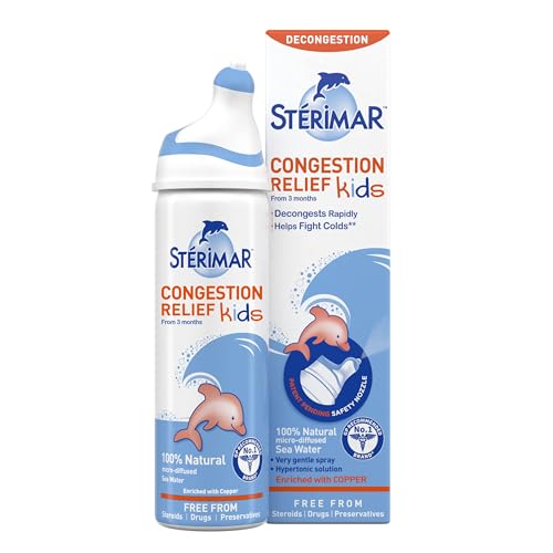 Sterimar Congestion Relief Kids, Nasal Spray, with Copper, Hypertonic, 100% Natural Sea Water, Free from Steroids, Drugs & Preservatives, For Children 3+ months, 50 ml
