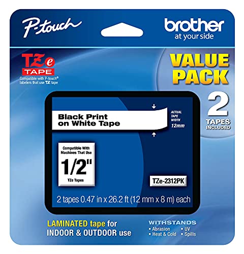 Brother Genuine P-Touch, TZe-231 2 Pack Tape (TZE2312PK) ½”(0.47”) x 26.2 ft. (8m) 2 Count (Pack of 1) Laminated P-Touch Tape, Black on White