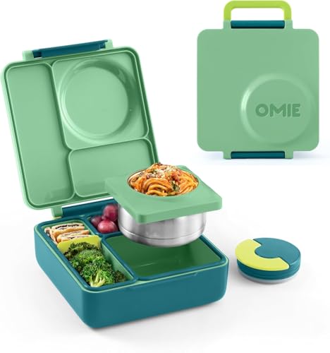 OmieBox Bento Box for Kids - Insulated Bento Lunch Box with Leak Proof Thermos Food Jar - 3 Compartments, Two Temperature Zones - (Meadow)