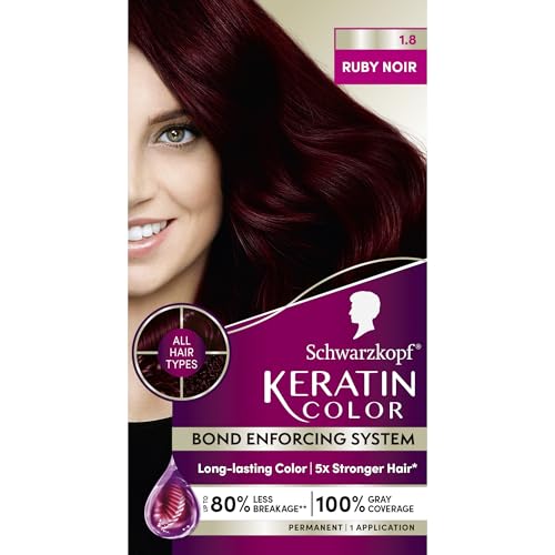 Schwarzkopf Keratin Color Permanent Hair Color, 1.8 Ruby Noir, 1 Application - Professionally Inspired Permanent Hair Dye, for up to 80% Less Breakage vs Untreated Hair and up to 100% Gray Coverage