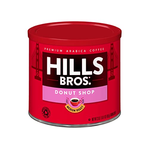 Hills Bros. Donut Shop Ground Coffee – Premium Arabica Coffee Beans – Medium Roast, Rich Flavor Cup After Cup – Recyclable Steel Can for Freshness – Certified Kosher – 23 OZ Can