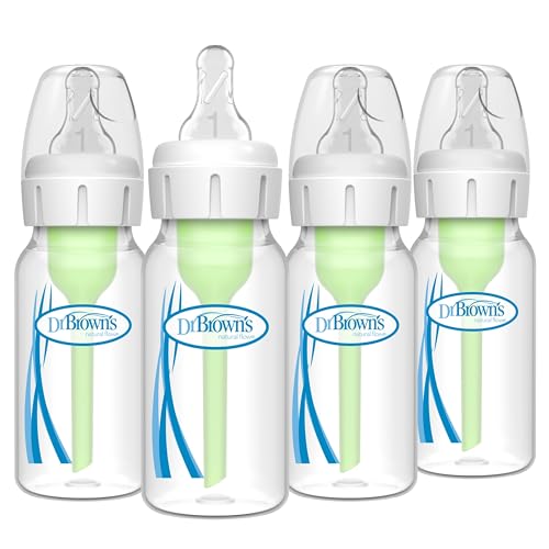 Dr. Brown's Natural Flow Anti-Colic Options+ Narrow Baby Bottle, 4 oz/120 mL, with Level 1 Slow Flow Nipple, 0m+, 4 Bottles