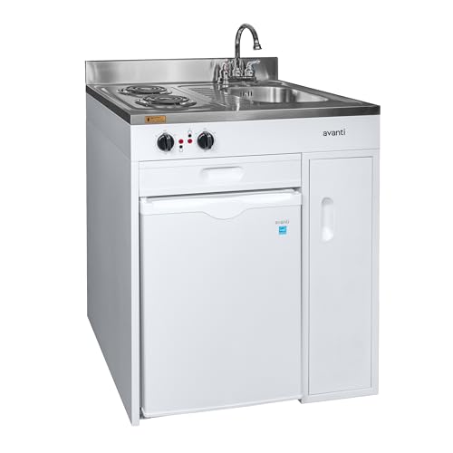 Avanti CK3016 Energy Star Certified Full Compact Kitchen, Built in Kitchenette Stainless Steel Counter, Two Element Cooking Range, Refrigerator & Storage, 30-Inch, White