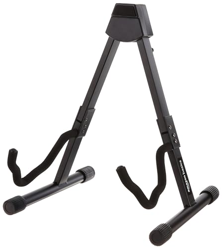Amazon Basics - Soporte plegable y ajustable con forma de A para guitarras acústicas y eléctricas con goma antideslizante y brazos de espuma suave, totalmente montado, color negro