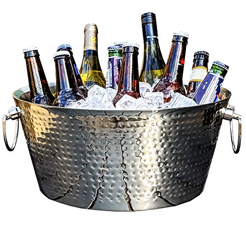 BREKX Hammered Stainless-Steel Beverage Tub, Double-Walled Insulated Anchored Drink Tub &amp; Ice Bucket with Double Hin